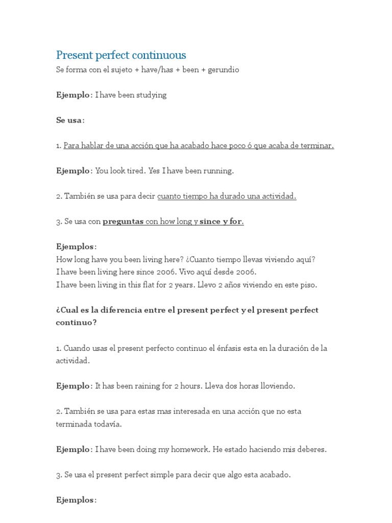 Uso del Present Perfect Continuous | PDF