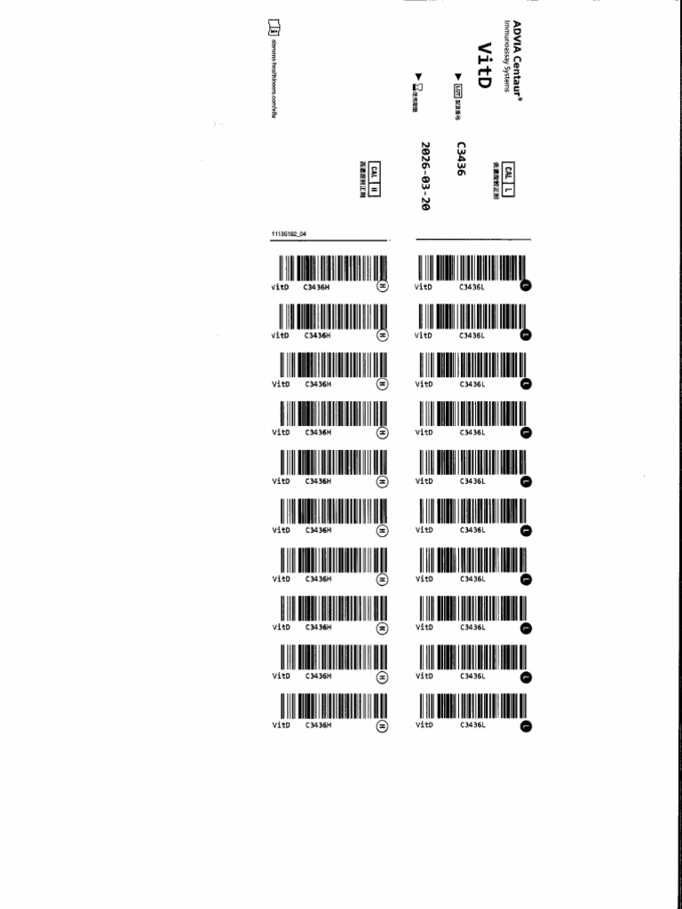 VitD CAL - ADVIA Centaur - Lot C3436 - Barcode Labels - Exp. 2026-03-20 ...