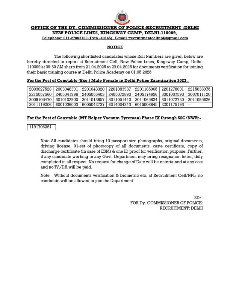 Delhi Police Constable Document Verification | PDF