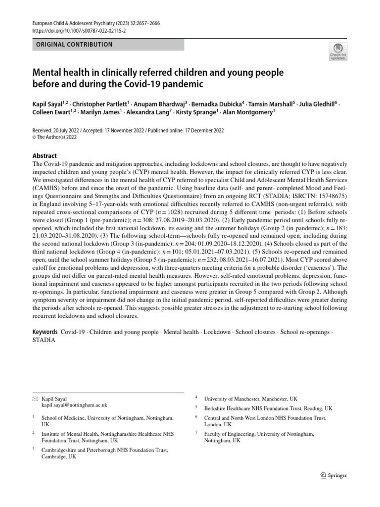 (USE) Mental Health in Clinically Referred Children and Young People ...