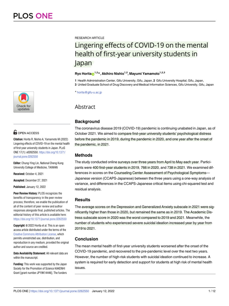 (USE) Lingering Effects of COVID-19 On The Mental Health of First-Year ...