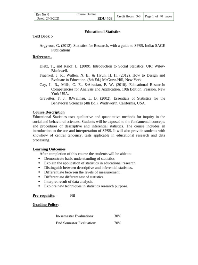 Educational Statistics Course Overview | PDF | Statistics | Skewness