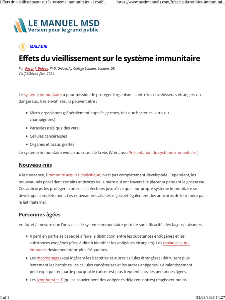 Effets Du Vieillissement Sur Le Système Immunitaire - Troubles ...