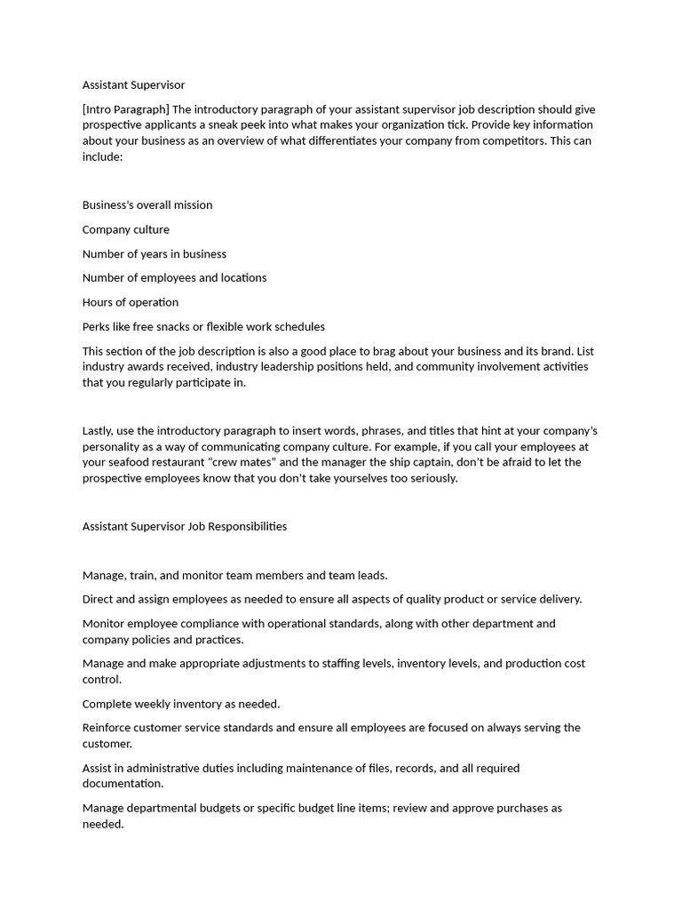 Assistant Supervisor Job Overview and Duties | PDF | Employment ...