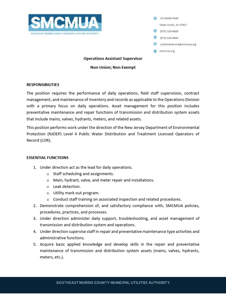 Operations Assistant Supervisor Job Description | PDF | Anatomical ...