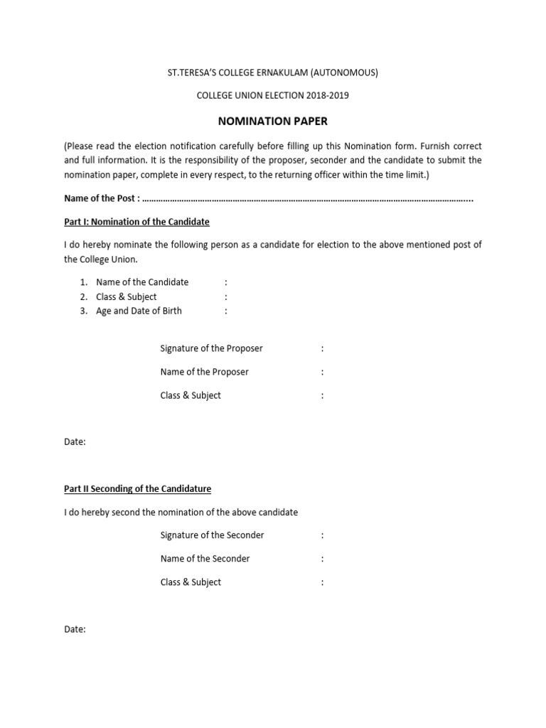 Nomination Paper College Union | PDF | Justice | Crime & Violence