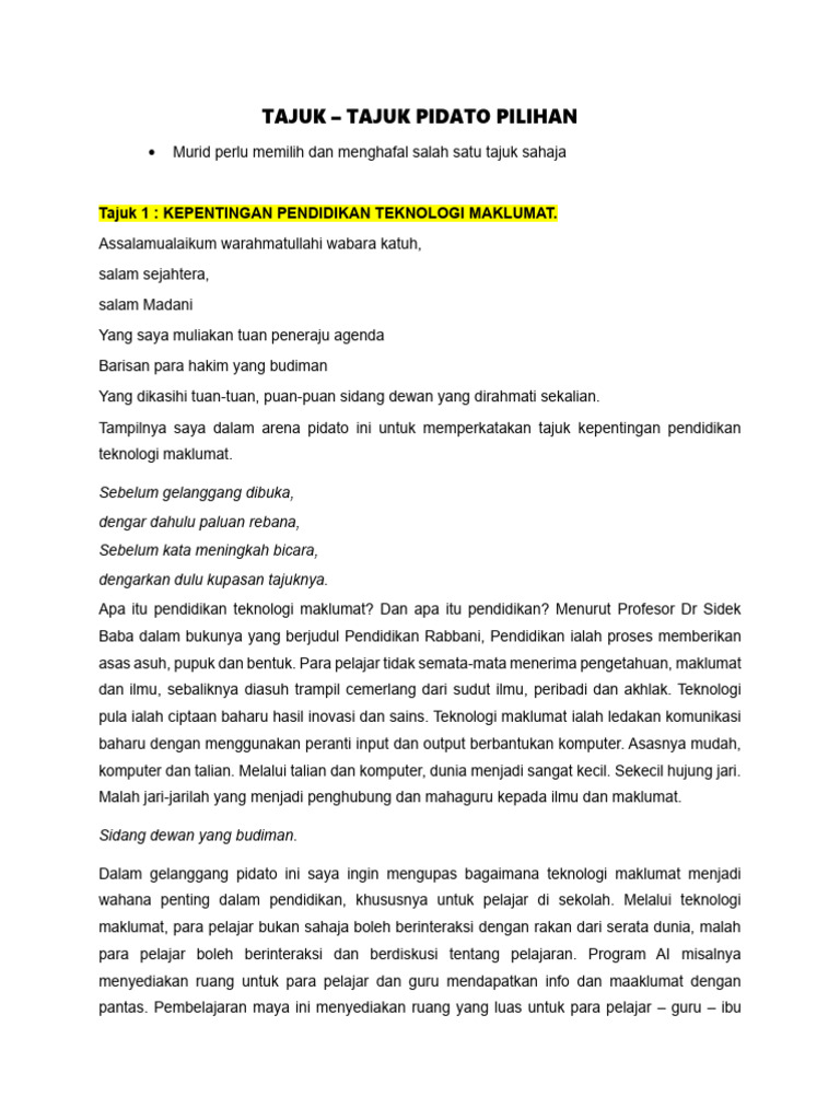 Teks Tajuk Pidato Pilihan | PDF