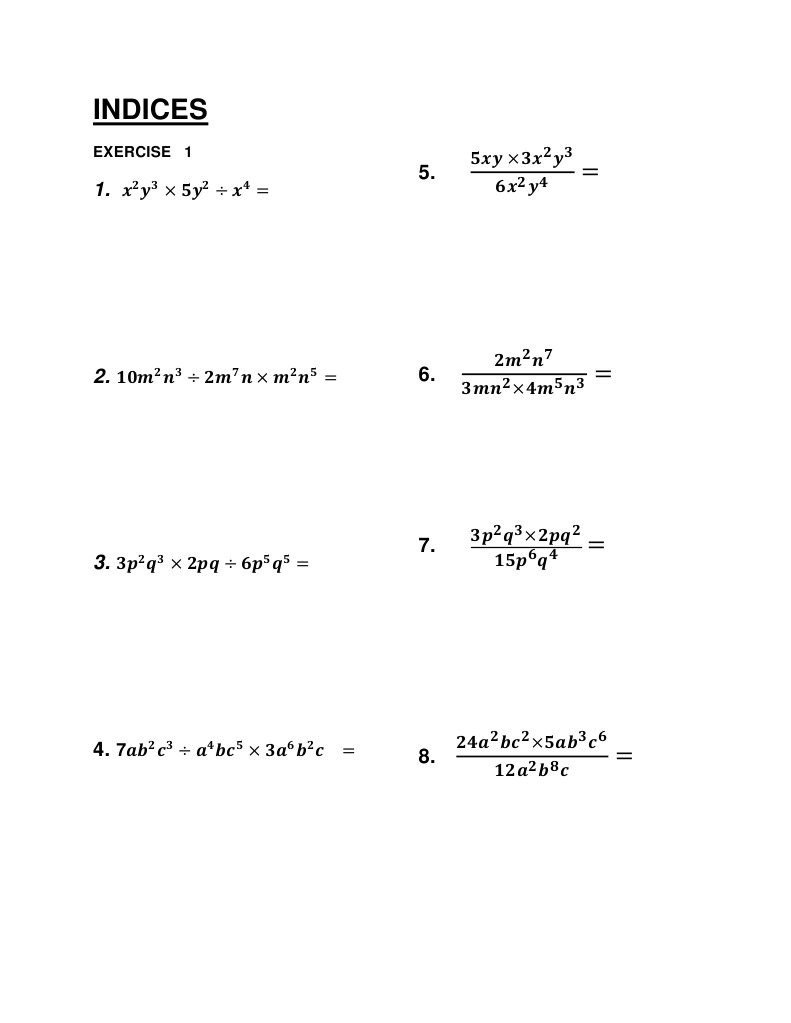 Indices Exercise Worksheet | PDF | Science & Mathematics | Computers