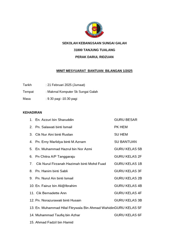 Mesyuarat Bantuan RMT SK Sungai Galah | PDF