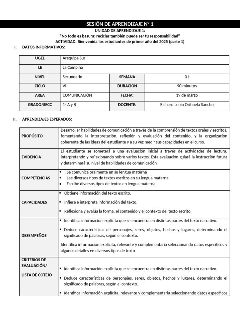 Ejemplo de Sesión de Aprendizaje 1 | PDF | Aprendizaje | Ciencia cognitiva