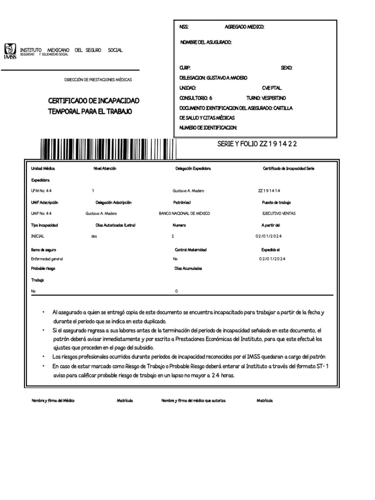 Certificado de Incapacidad Temporal IMSS | PDF