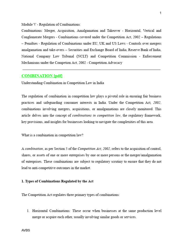 Regulation of Combinations in Competition Law | PDF | Mergers And ...