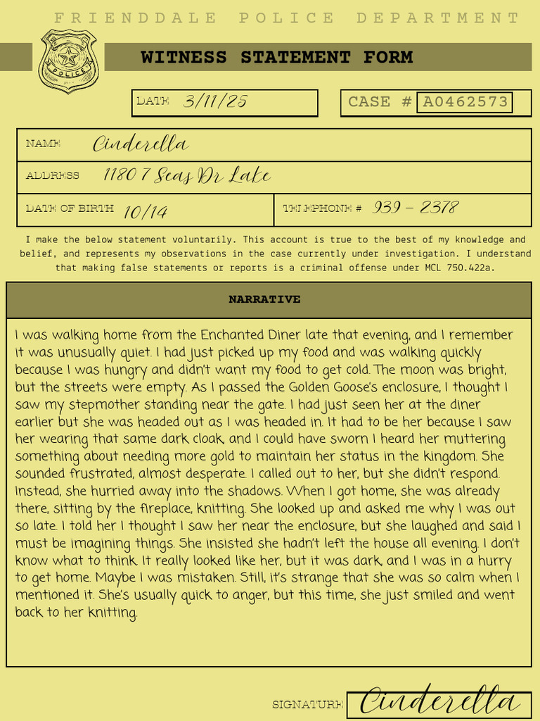 The Case of The Missing Golden Goose - Evidence Packet 1 | PDF | Witness