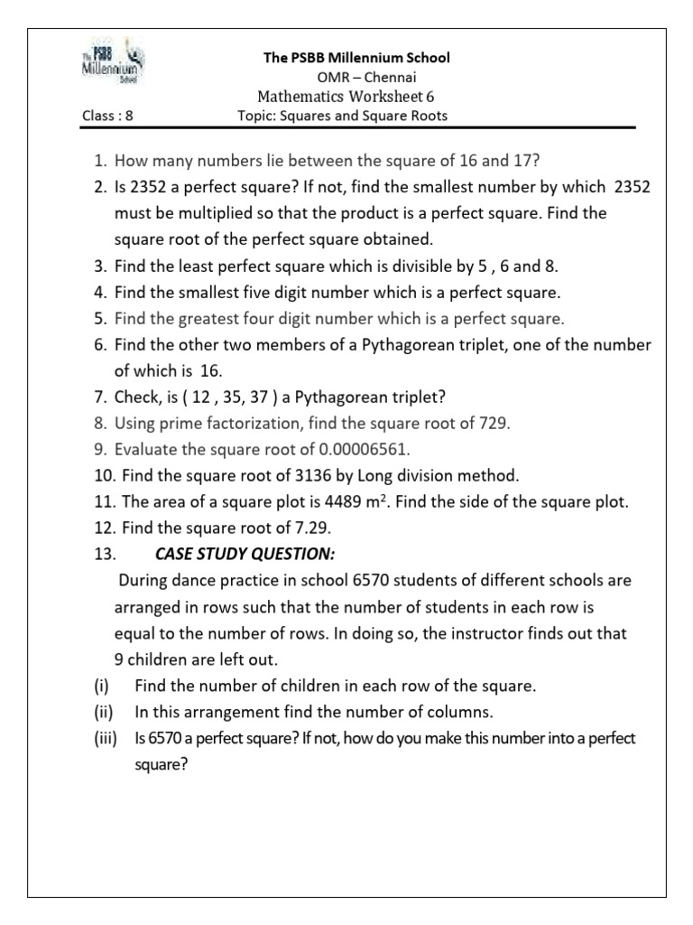Squares & Square Roots - Worksheet. | PDF