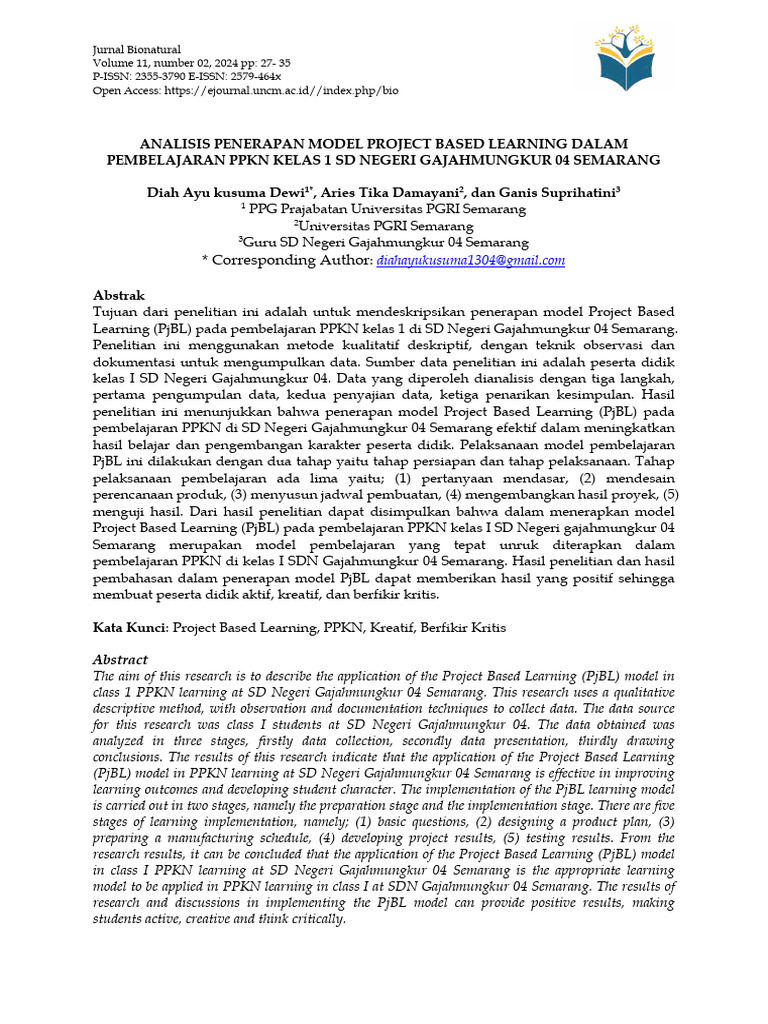 Penerapan Project Based Learning PPKN SD | PDF