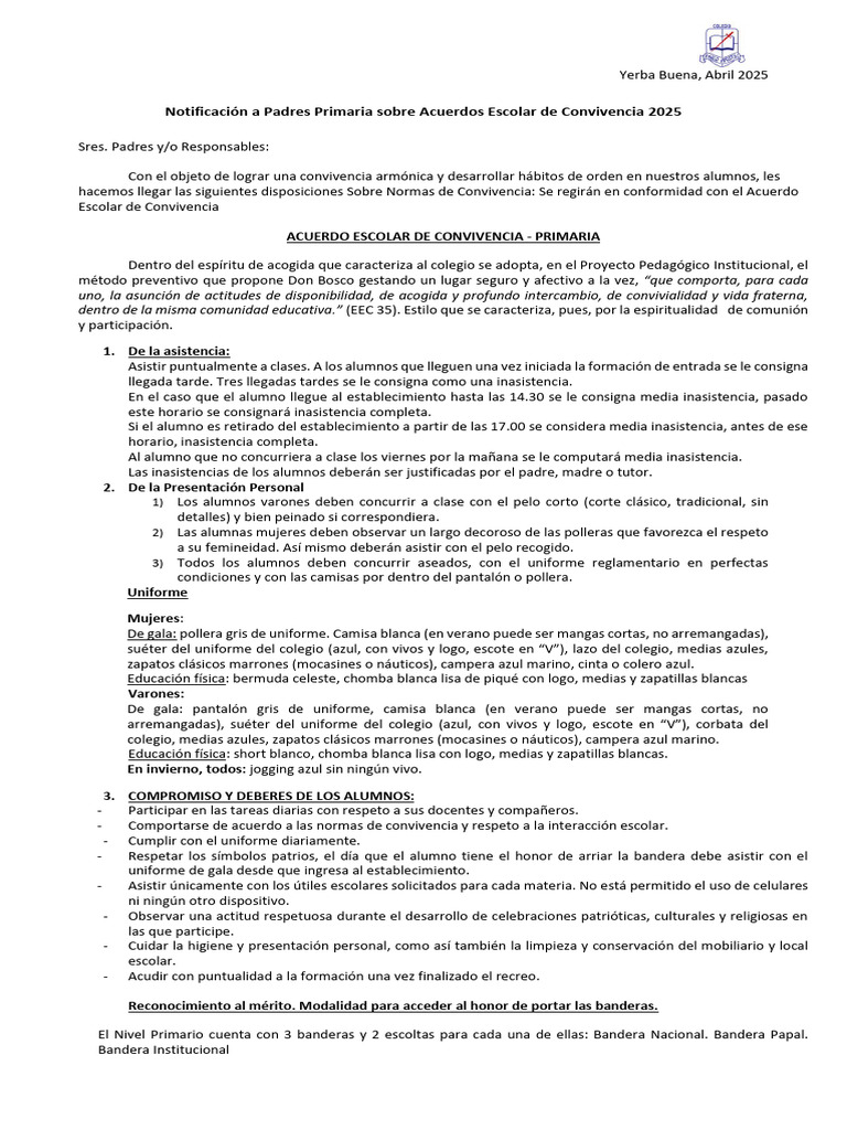 Acuerdo de Convivencia Escolar A Ser Firmado Por Padres Primaria 2025 | PDF