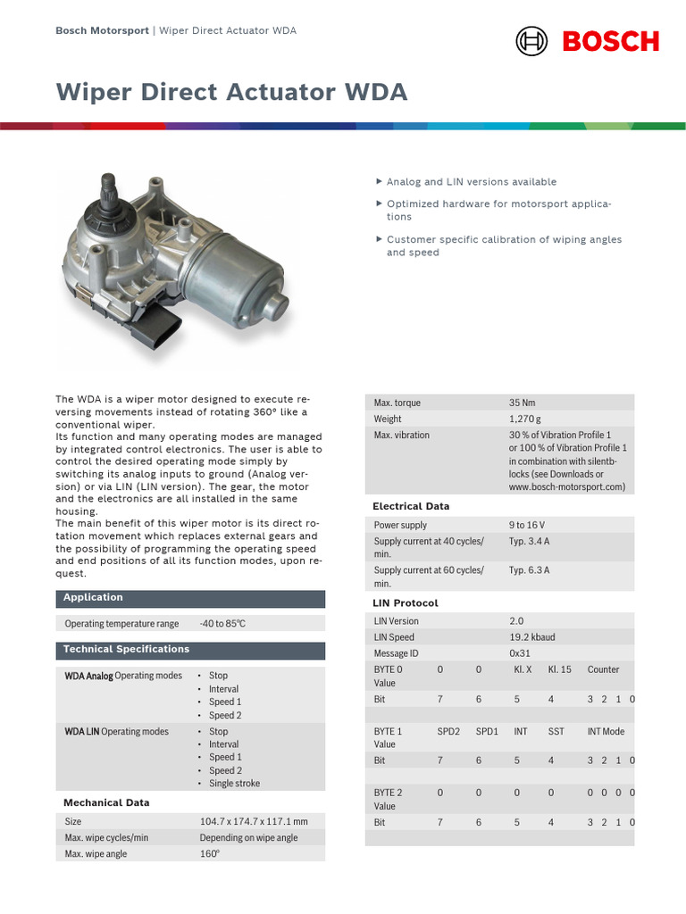 Bosch Wiper Direct Actuator WDA Overview | PDF | Bit | Manufactured Goods