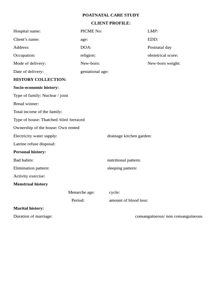 Postnatal Assessment Format Guide | PDF | Postpartum Period | Pregnancy