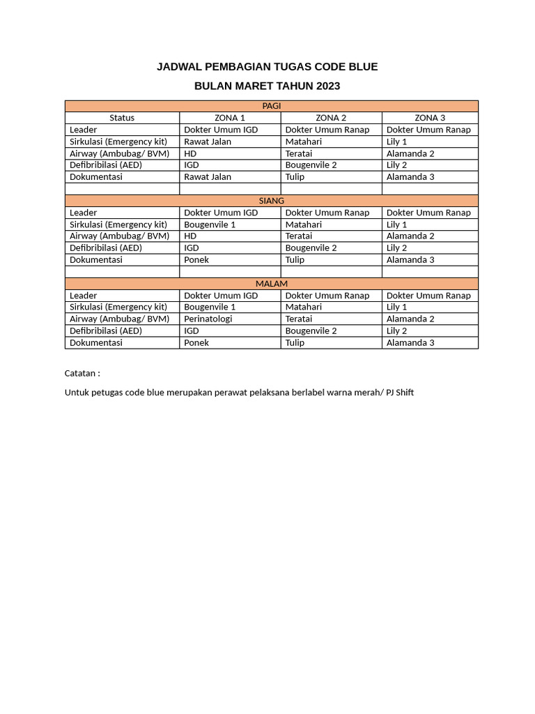 Jadwal Pembagian Tugas Code Blue | PDF