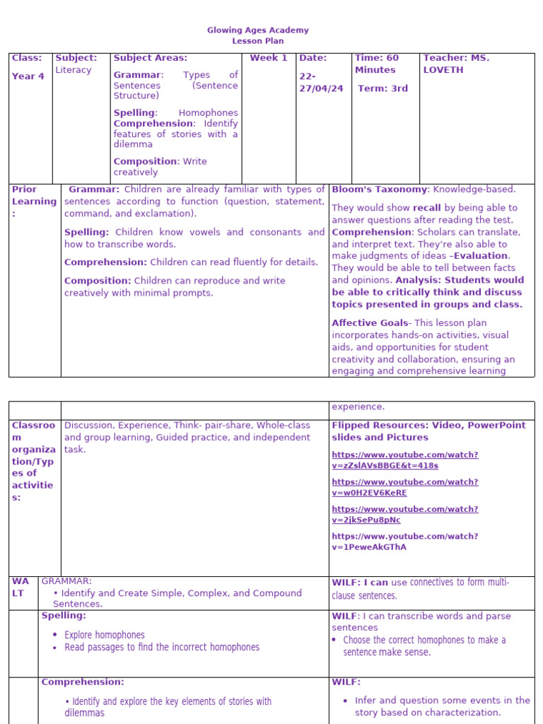 Lesson Plan Week 1 2024 3rd Term | PDF | Reading Comprehension | Lesson ...