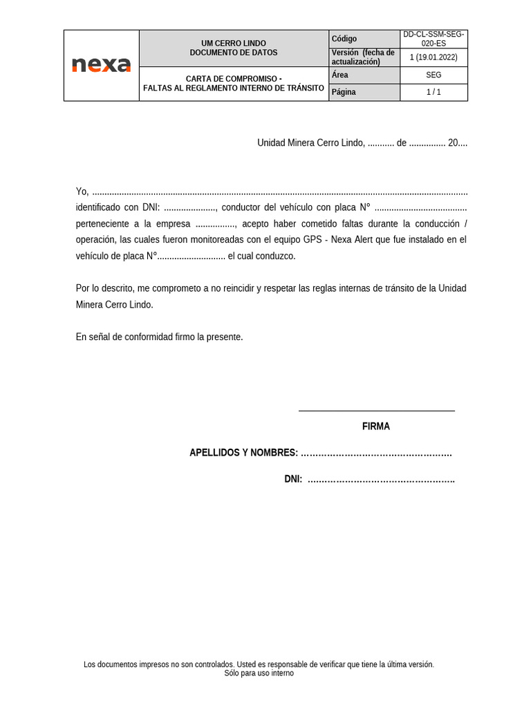 DD-CL-SSM-SEG-020-ES CARTA DE COMPROMISO – FALTAS AL REGLAMENTO INTERNO ...