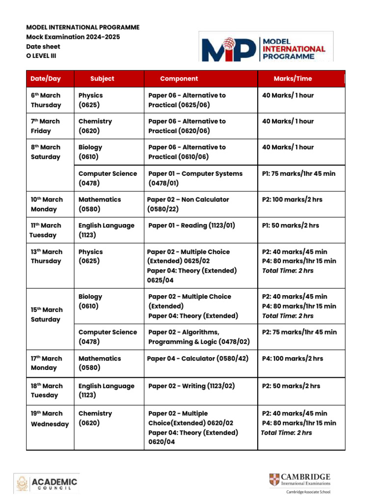 O Level Mock Exam Schedule 2025 | PDF | Computer Science