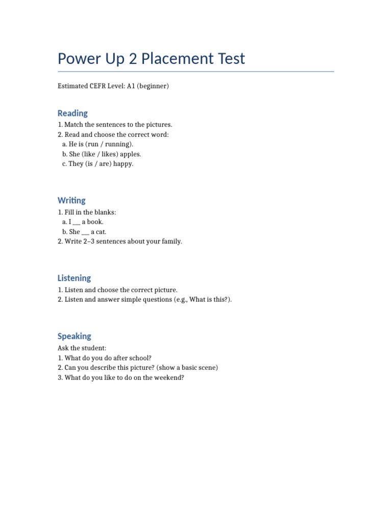 Power Up 2 A1 Placement Test | PDF