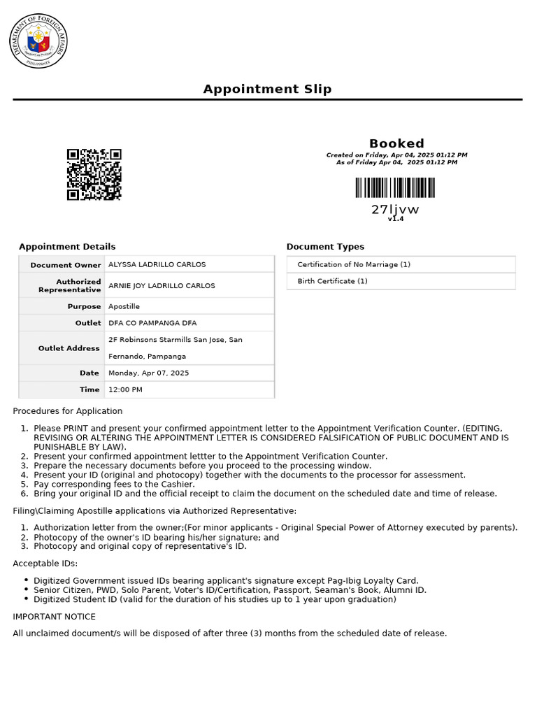 DFA Apostille Appointment Confirmation | PDF | Identity Document ...