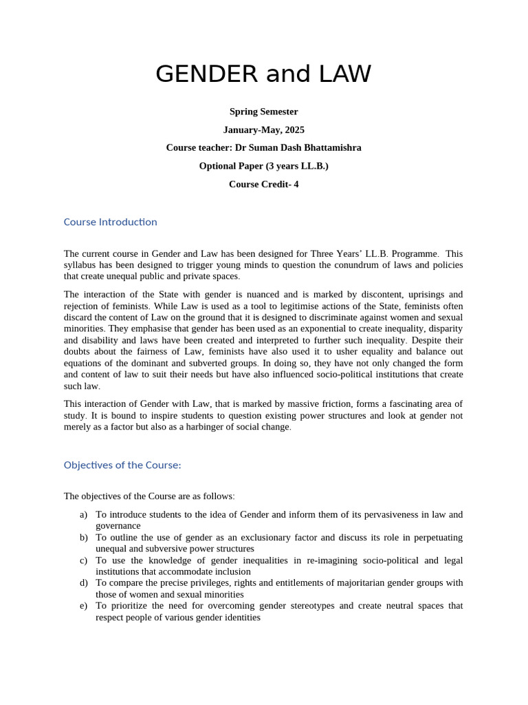 Gender and Law: Course Overview | PDF | Feminism | Gender Studies