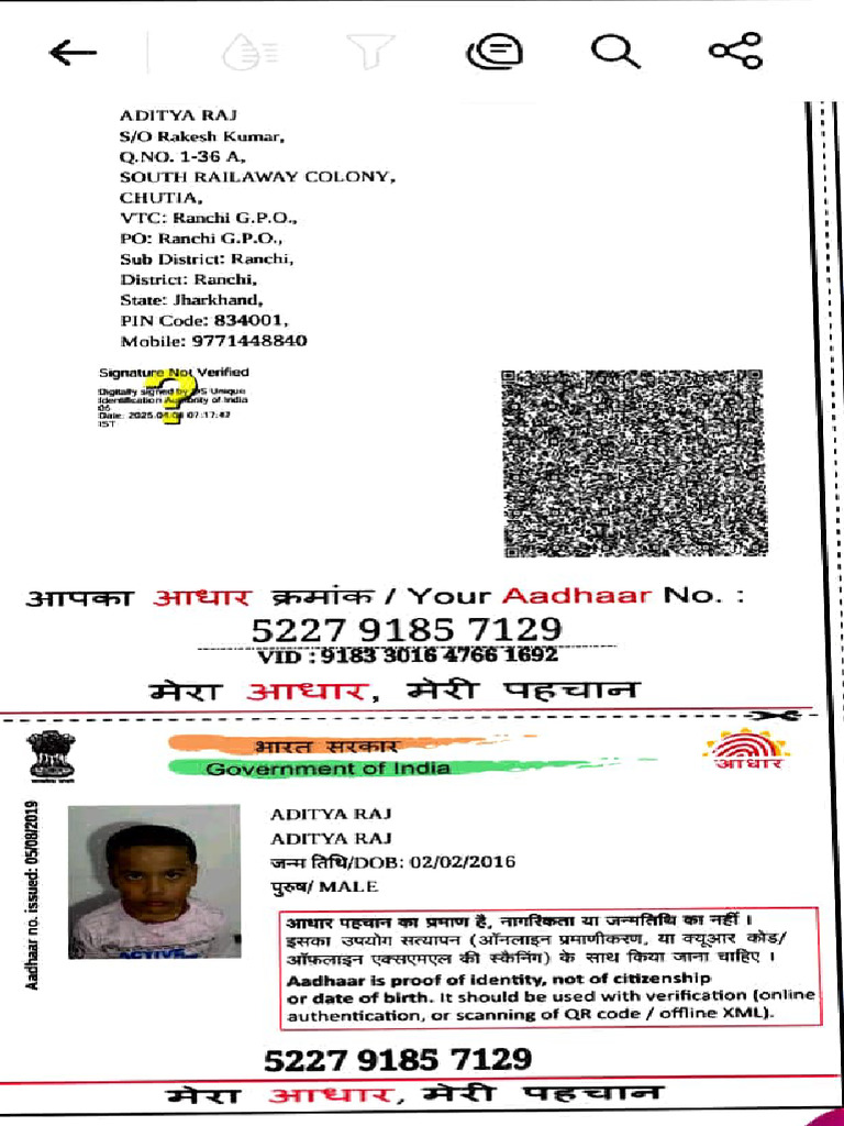Aadhaar Details for Aditya Raj | PDF