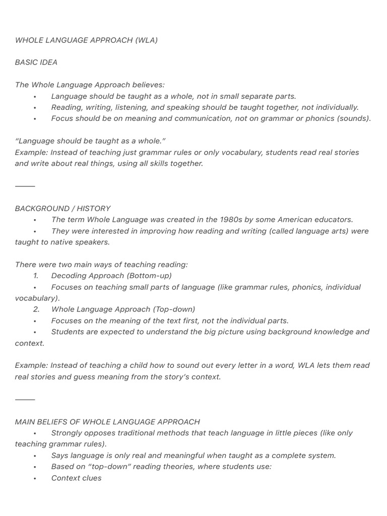 Whole Language Approach Overview | PDF | Phonics | Learning