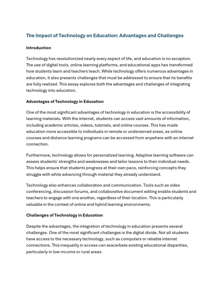 Technology in Education: Benefits & Challenges | PDF | Educational ...