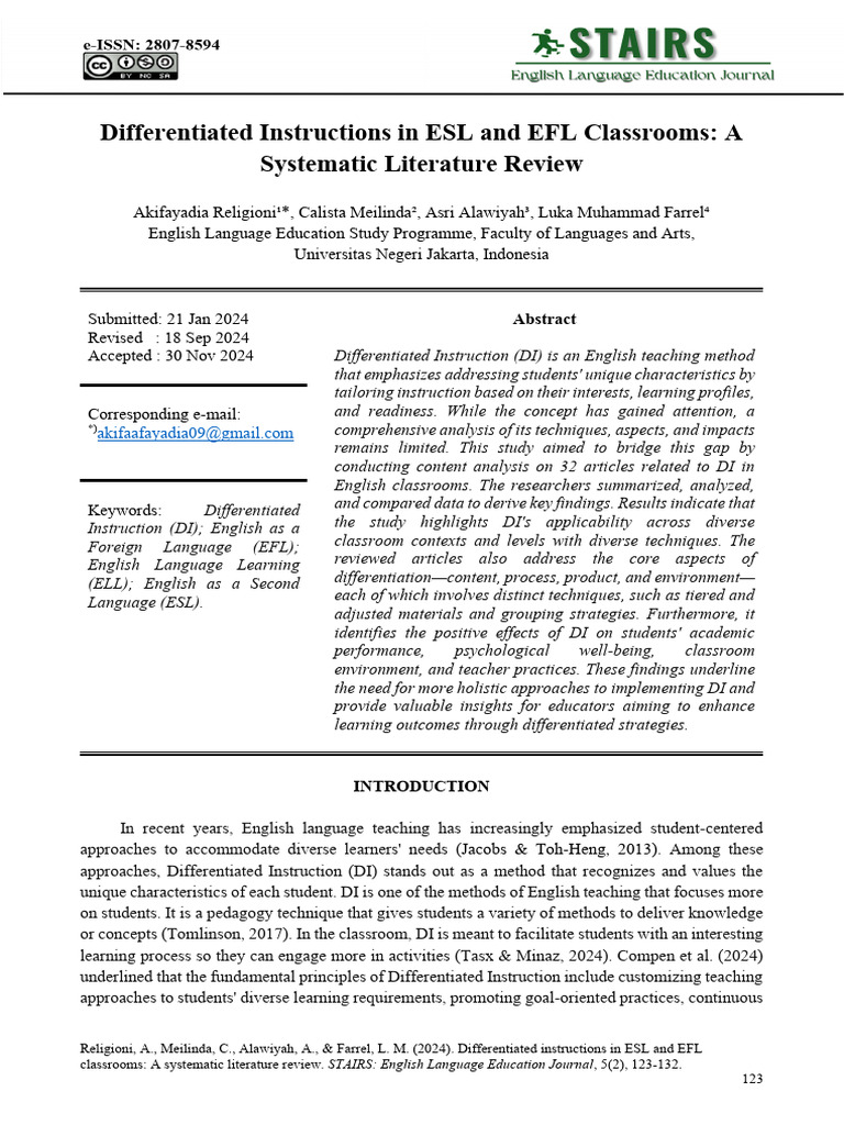Differentiated Instruction in ESL/EFL Classrooms | PDF | English As A ...