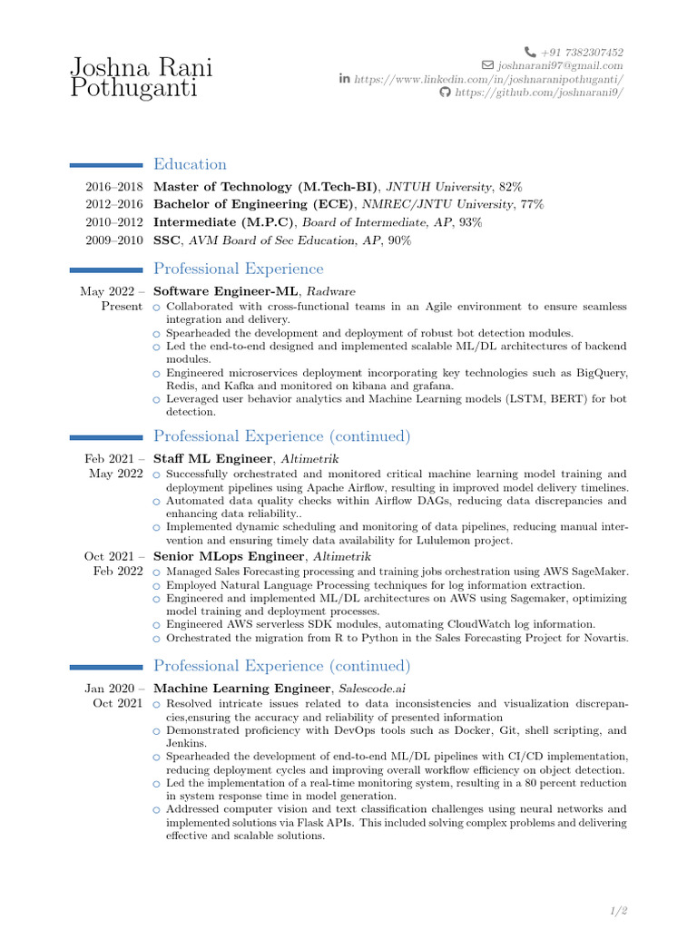 Joshna Rani Pothuganti: ML Engineer Profile | PDF | Machine Learning ...