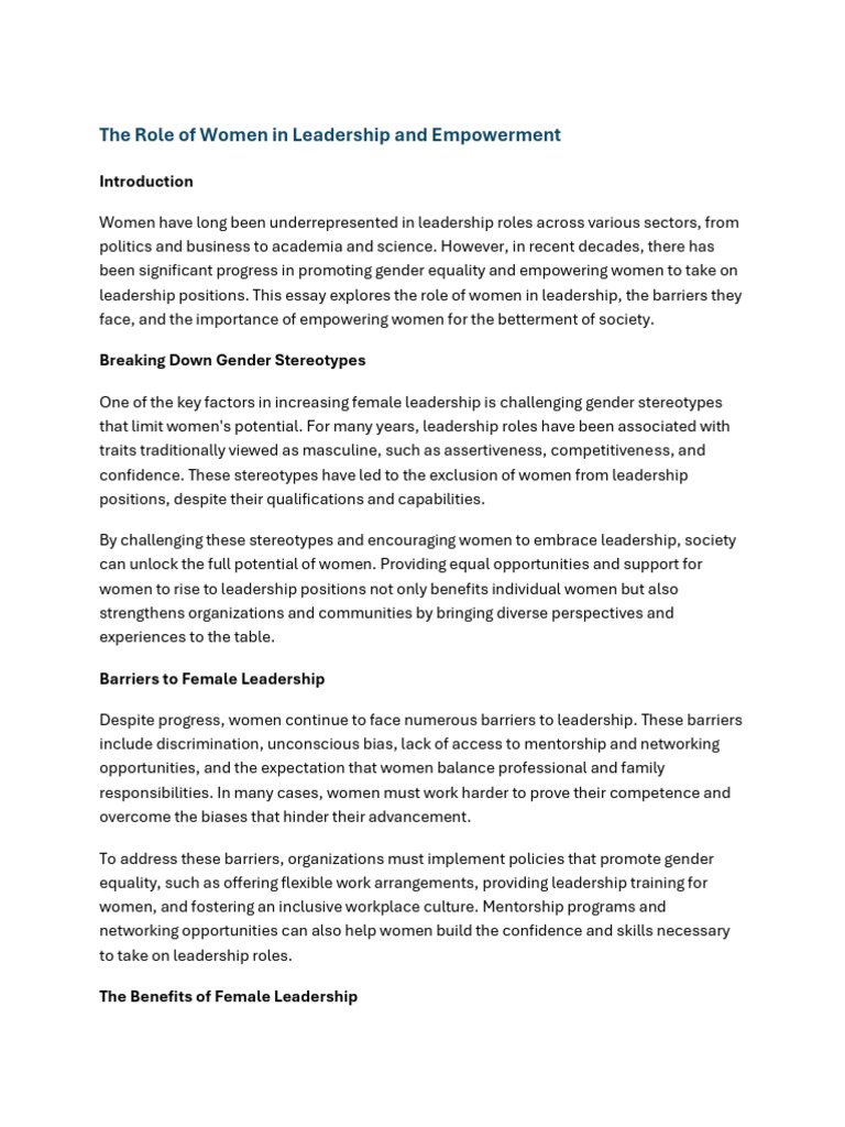 The Role of Women in Leadership and Empowerment | PDF | Leadership ...