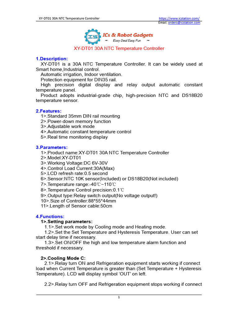 XY-DT01 30A NTC Temp Controller | PDF | Relay | Parameter (Computer ...
