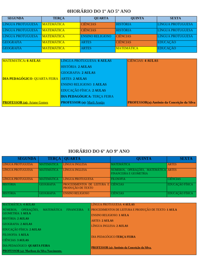Horário Do 1º Ao 5º Ano e Do 6º Ao 9º Ano-1 | PDF | Matemática | Pedagogia
