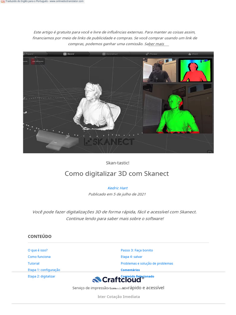 Digitalização 3D com Skanect Pro | PDF | Impressão 3D | Câmera
