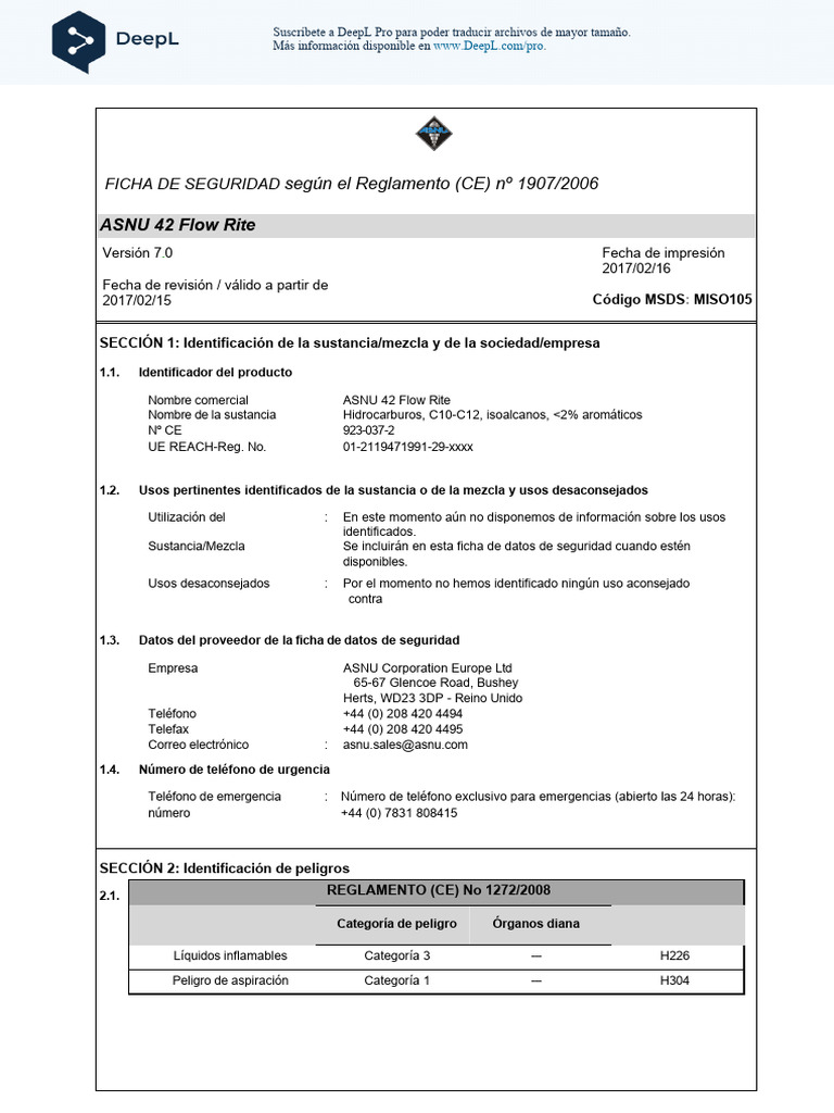 Ficha de Seguridad ASNU 42 Flow Rite | PDF | Agua | Química