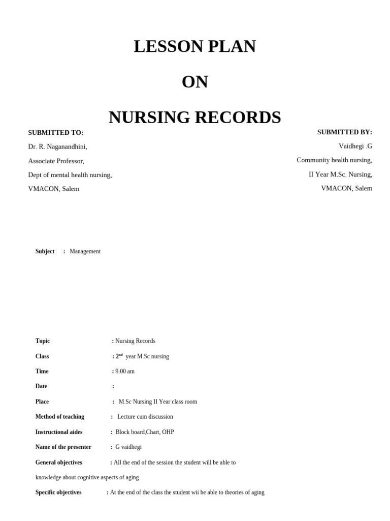 Nursing Records Lesson Plan | PDF | Nursing | Hospital