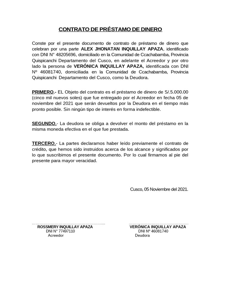 Contrato de Préstamo de Dinero S/.5000 | PDF