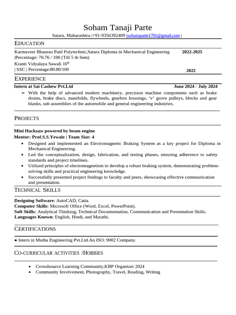 Mechanical Engineering Student Profile | PDF