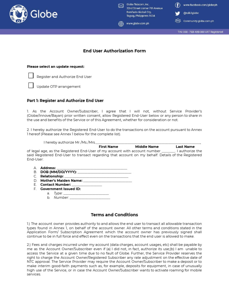 Globe_End User Authorization Form (1) | PDF | Subscription Business ...