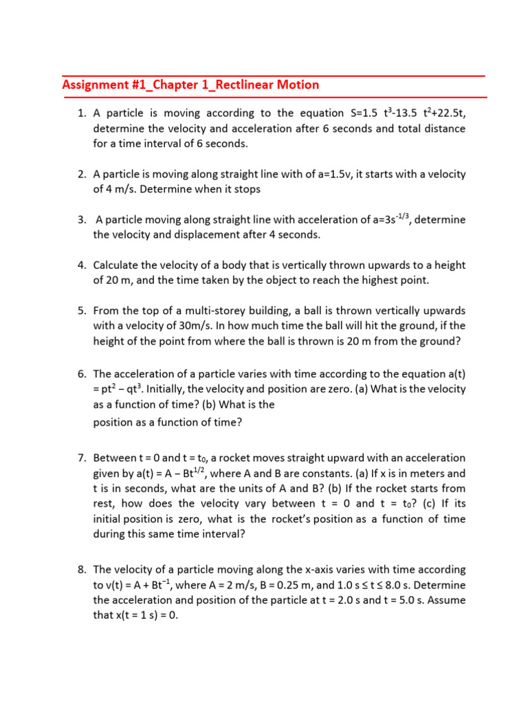 Assignment+#1 Chapter+1 Rectlinear+Motion | PDF | Velocity | Acceleration