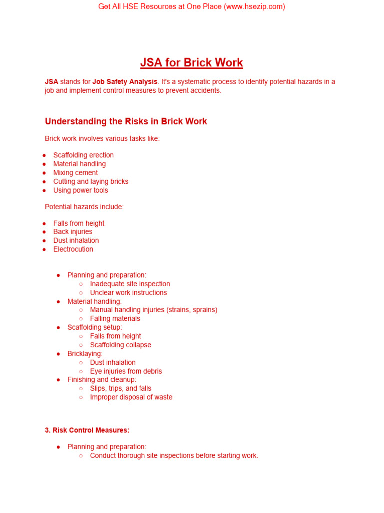 Job Safety Analysis for Brick Work | PDF | Personal Protective ...