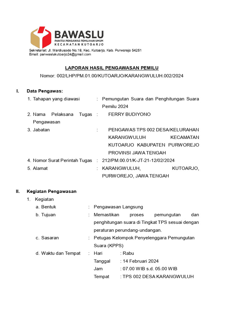 Pengawasan Pemilu 2024 di TPS 002 Karangwuluh | PDF