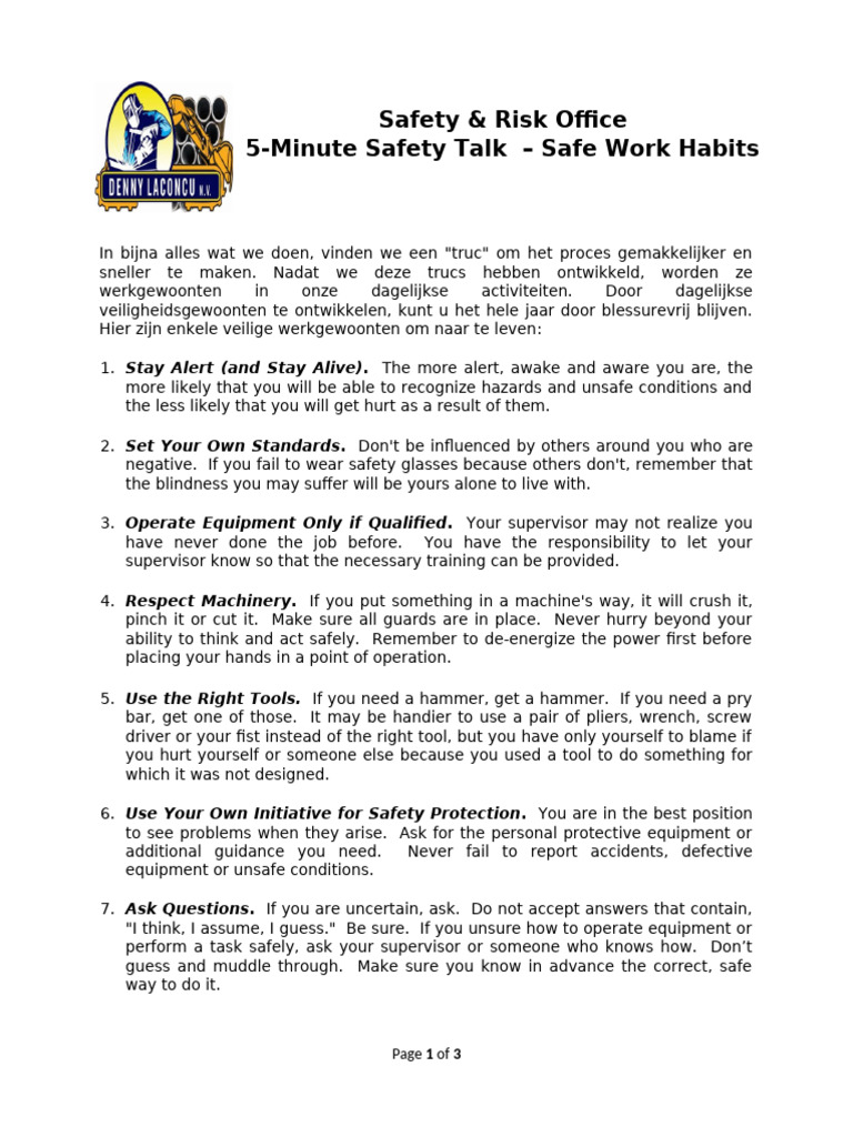 Safe Work Habits for Injury Prevention | PDF | Personal Protective ...