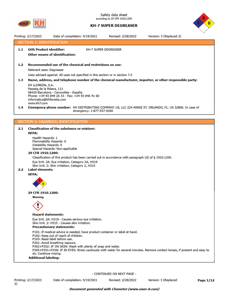 2023 02 SDS KH 7 - Super - Degreaser | PDF | Dangerous Goods | Toxicity