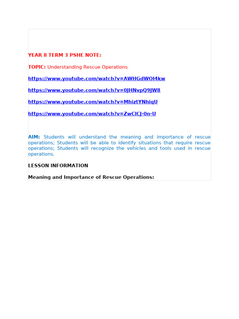 Year 8 Term 3 Pshe Note | PDF | Rescue | Search And Rescue