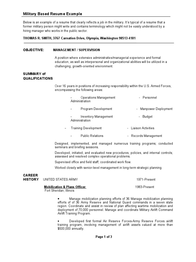 resume objective examples for military